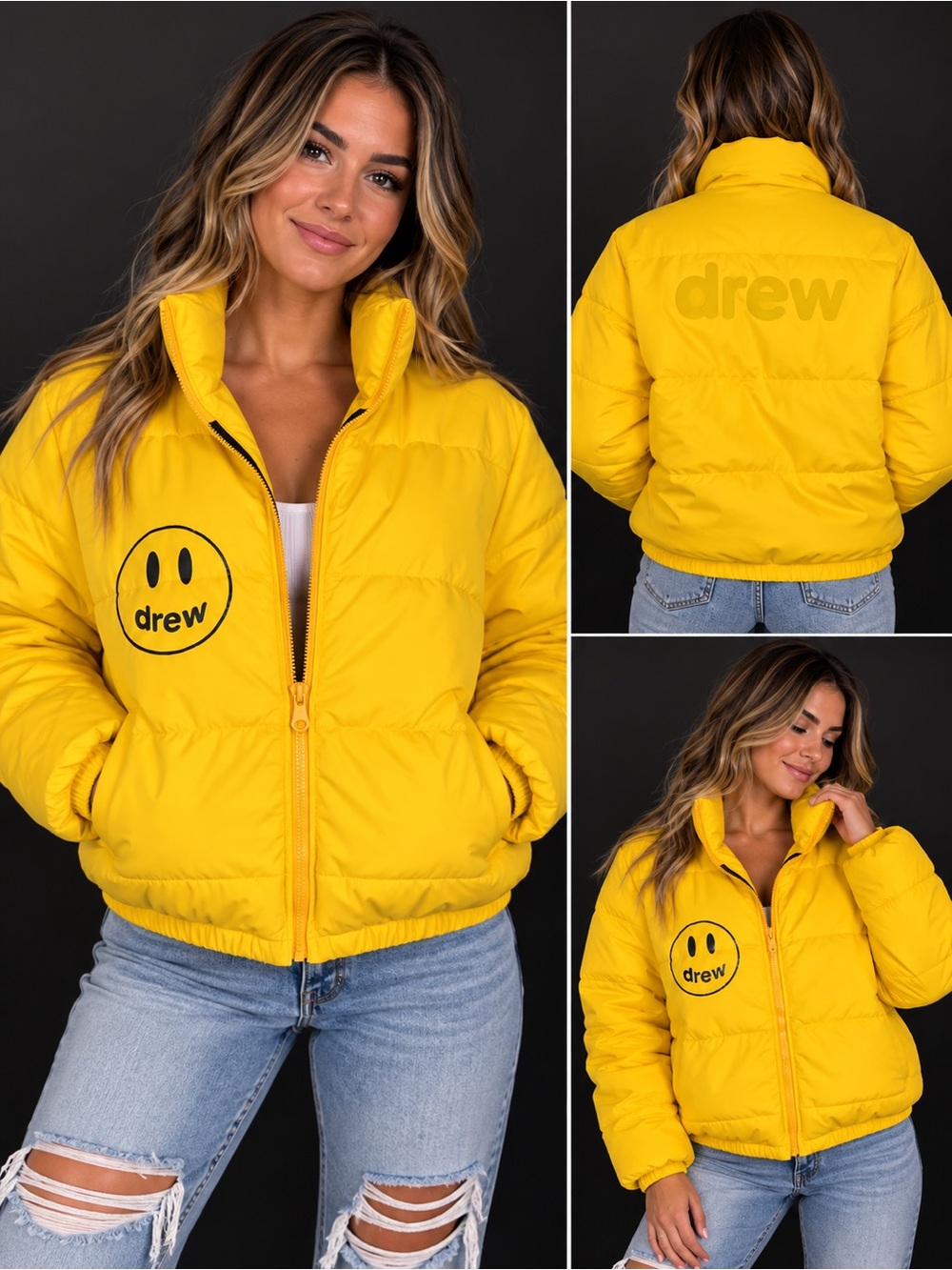 DREW Bright Yellow Women's Puffer Jacket with Smiley Logo